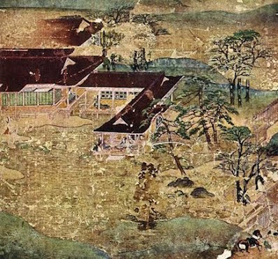 Typical shinden style estate (Heian-Time), with the pond south of the main hall and the stream flowing into the property from the north-east, Tokyo Metropolitan Art Museum